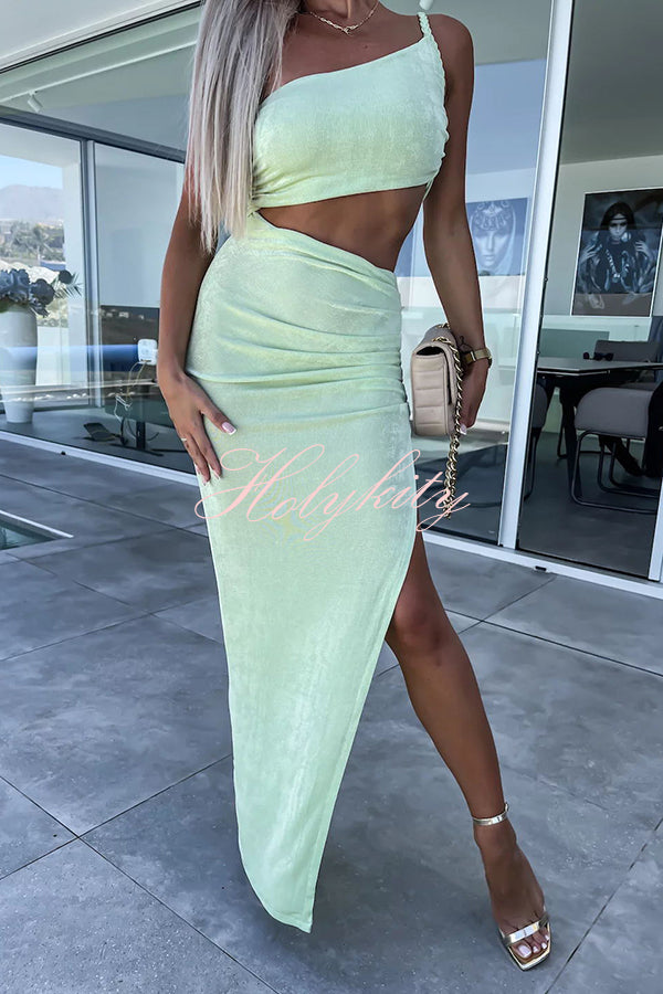 Little Mermaid One Shoulder Cutout Waist Ruched Stretch Maxi Dress