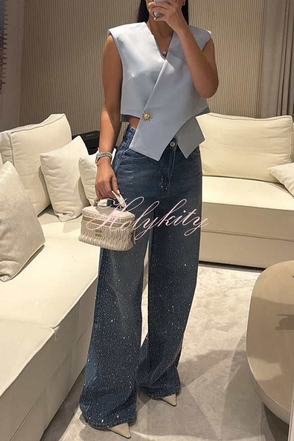 Fashion Star Rhinestone High Rise Casual Pocket Straight Loose Jeans