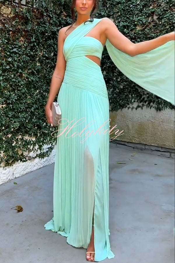 Forest Muse Chiffon Pleated Off Shoulder Cutout Waist Cape Maxi Dress