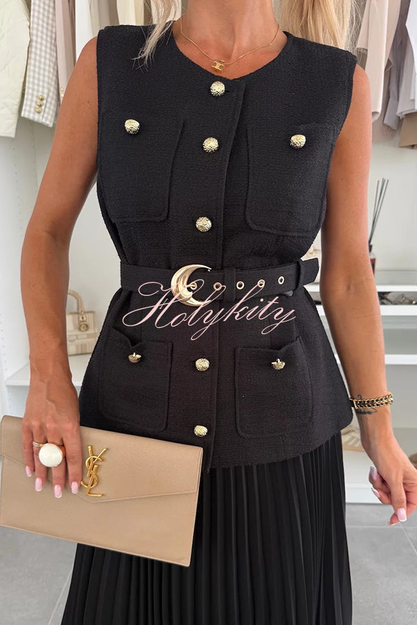 Relaxed and Elegant Round Neck Button Up Belted Pocket Loose Vest