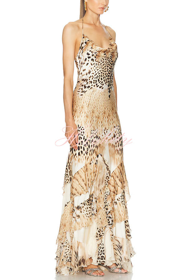Coral Satin Leopard Print Halter Cowl Neck Exaggerated Ruffles Hem Maxi Dress