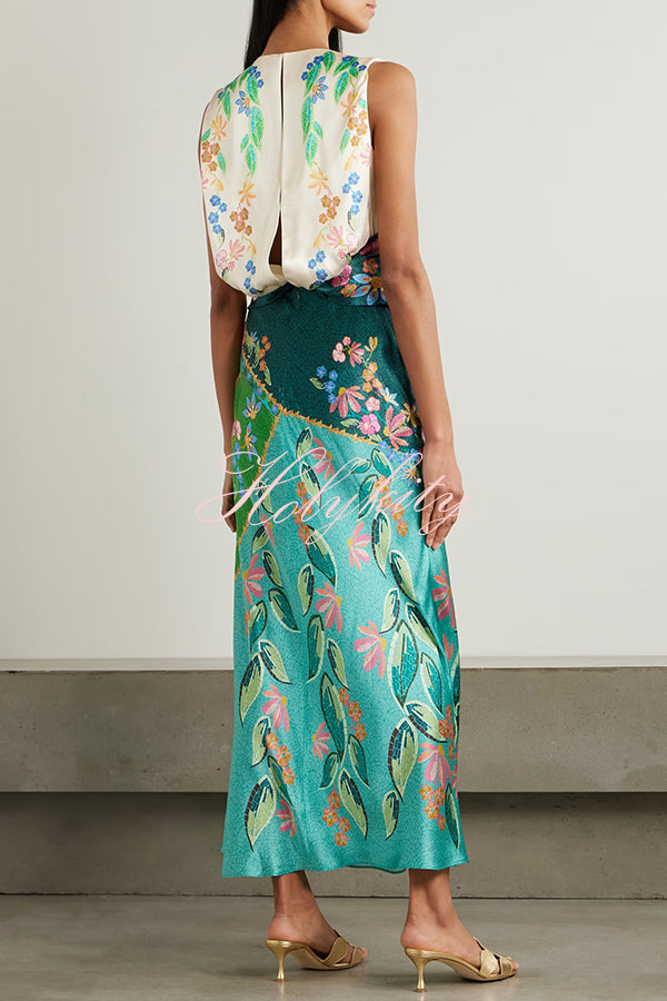 Gwen Satin Unique Print Round Neck Twisted Waist Maxi Dress