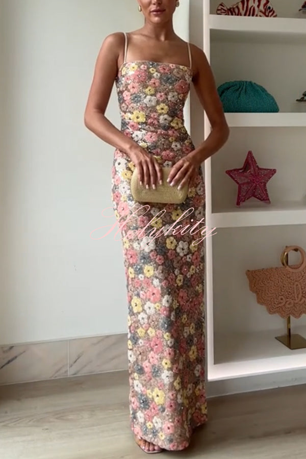 80's Inspired Floral Print Sequin Square Neck Slip Stretch Maxi Dress