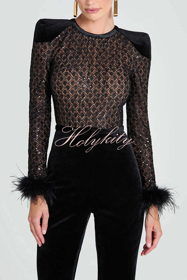 Monique Fish Scale Lace Sequin Velvet Patchwork Feather Trim Stretch Flare Jumpsuit Belted