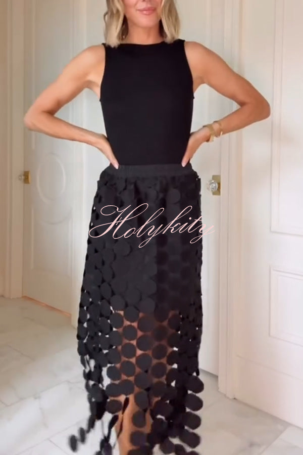 Casie See Through Circle Embroidery Elastic Waist Tassle Hem Maxi Skirt