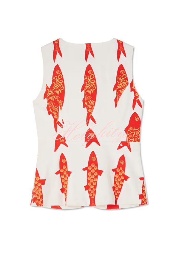 Good Luck Linen Blend Koi Pattern Metal Buttons Waisted Vest