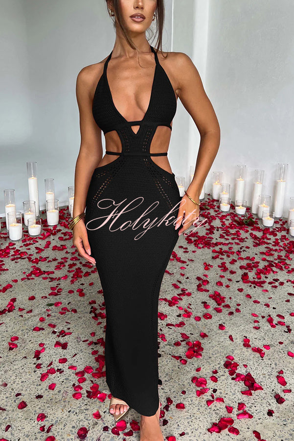 Effortlessly Cool and Sexy Knit Crochet Cutout Halter Tie-up Stretch Maxi Dress