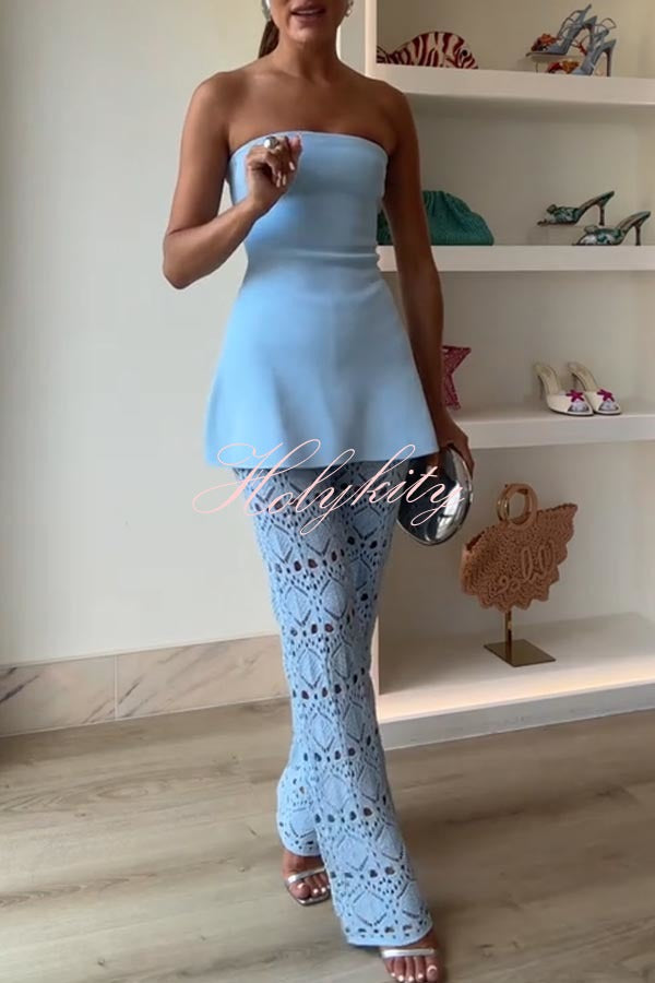 Trena Crochet Knit Hollow Mid Rise Stretch Wide Leg Pants