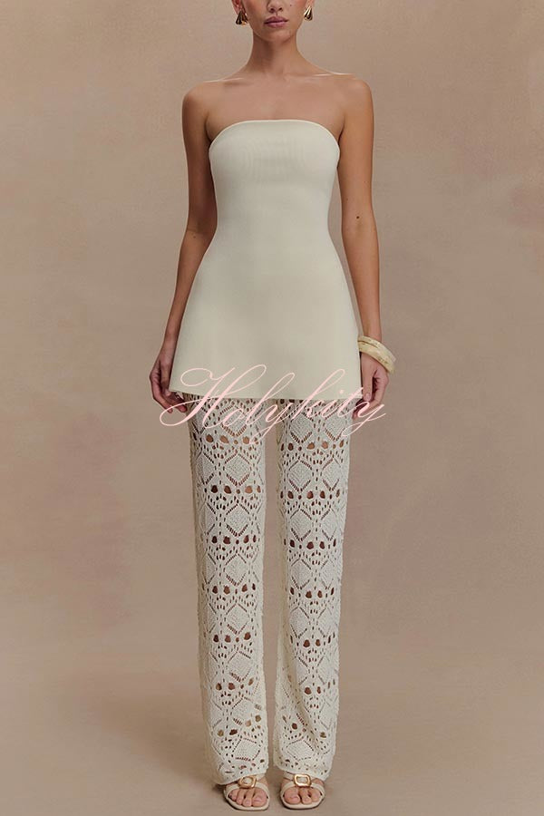 Trena Crochet Knit Hollow Mid Rise Stretch Wide Leg Pants