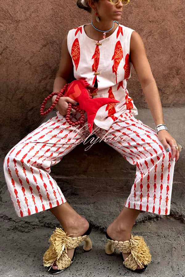 Good Luck Linen Blend Koi Pattern Metal Buttons Waisted Vest