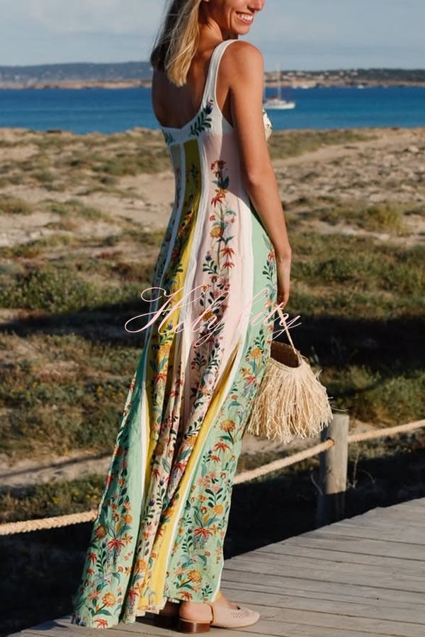 Sweet Garden Linen Blend Color Block Floral Paneled Maxi Dress