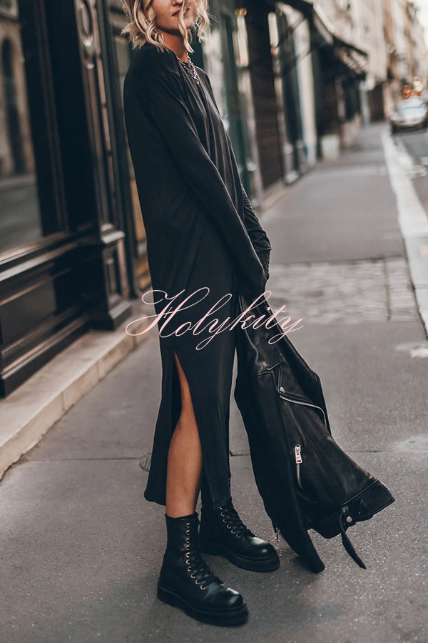 The Bedisse Cotton Blend Long Sleeve Relaxed Slit Midi Dress