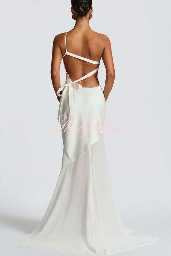 Fable Satin One Shoulder Back Adjustable Straps Contrast Chiffon Hem Maxi Dress