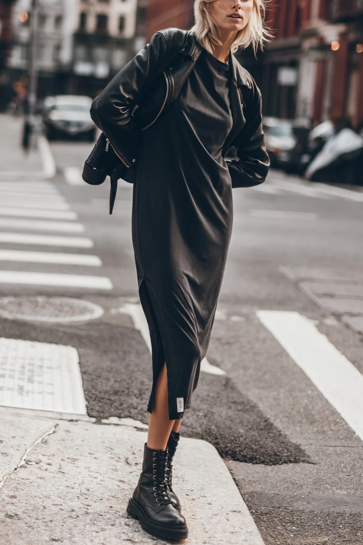 The Bedisse Cotton Blend Long Sleeve Relaxed Slit Midi Dress