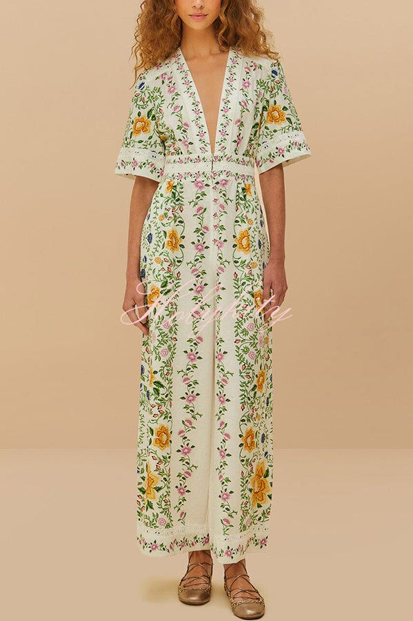 Natural Charm Linen Blend Floral  Print Short Sleeve Pocketed Wide Leg Jumpsuit