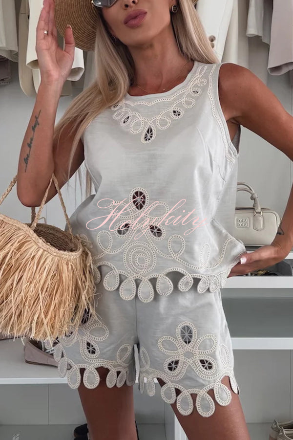 Angie Embroidery Cut-out Sleeveless Top and Elastic Waist Loose Shorts Set
