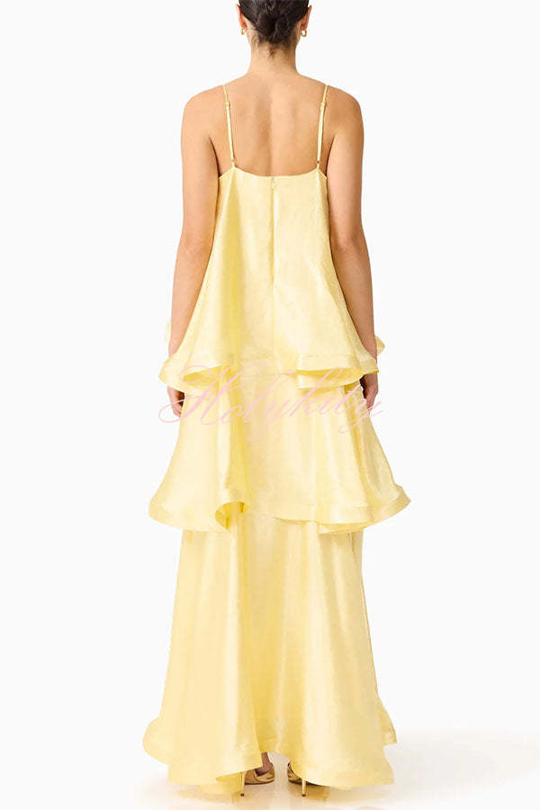 Soft and Smooth Satin Tiered Slip Square Neck A-line Maxi Dress