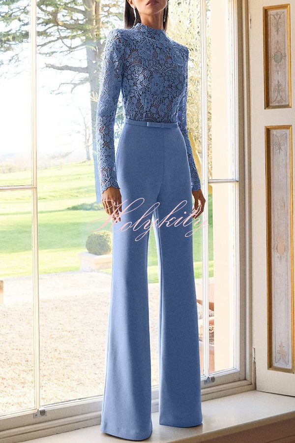 Party Charmer Flower Lace Patchwork Long Sleeve Bow Belted Flare Jumpsuit
