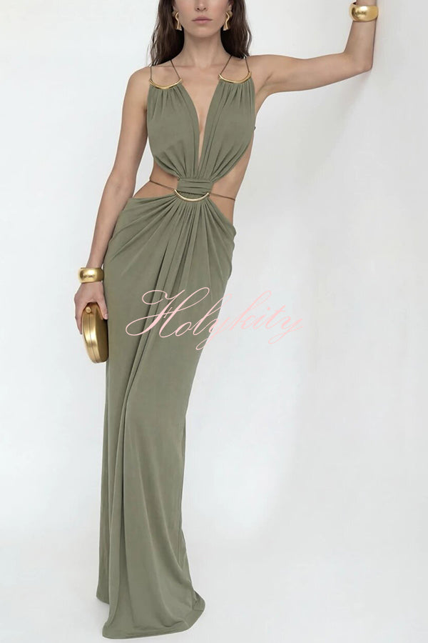 Athena Metal-Link Cutout Design Back Lace-up Drape Maxi Dress