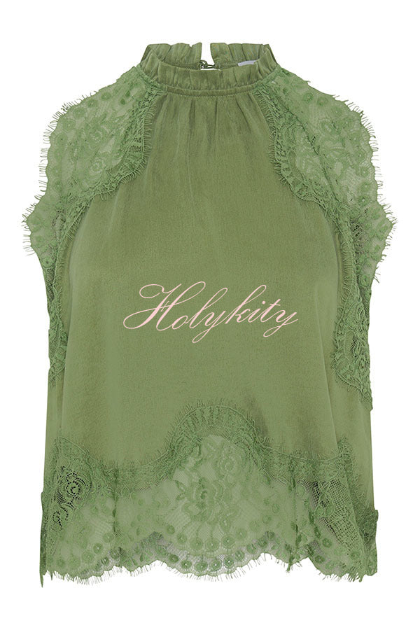 Modern Muse Satin Lace Trim Pleated Neck Top and A-line Irregular Slit Skirt Set