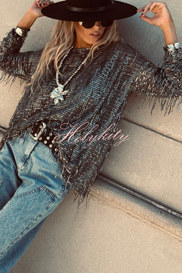 Party Crasher Sequin Tassle Fabric Long Sleeve Loose Top
