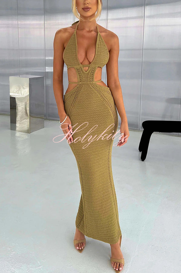 Effortlessly Cool and Sexy Knit Crochet Cutout Halter Tie-up Stretch Maxi Dress