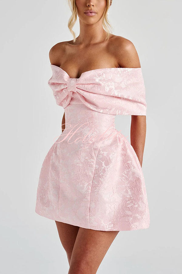 Raquel Floral Jacquard Oversized Off The Shoulder Bow Detail Mini Dress