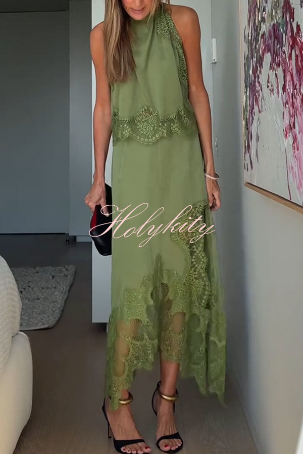 Modern Muse Satin Lace Trim Pleated Neck Top and A-line Irregular Slit Skirt Set