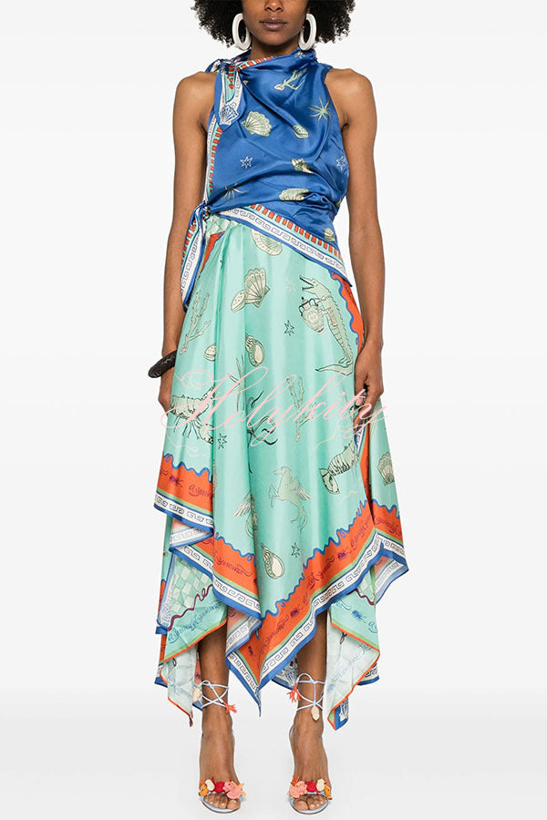 Surrealist Summer Satin Unique Print Tie-up Details Layered Hem Scarf Maxi Dress