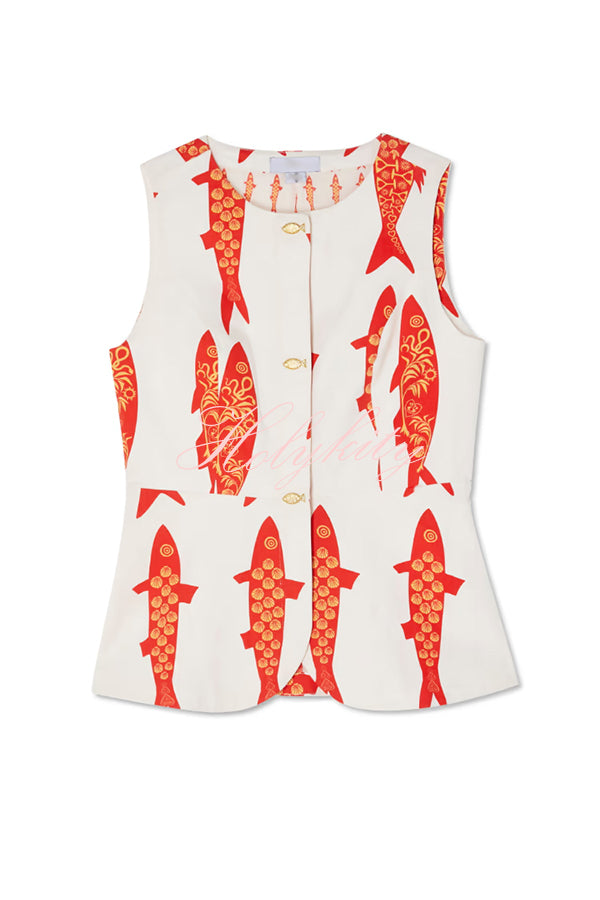 Good Luck Linen Blend Koi Pattern Metal Buttons Waisted Vest