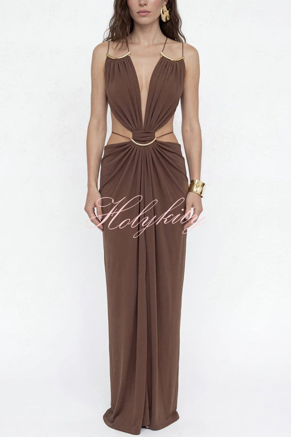 Athena Metal-Link Cutout Design Back Lace-up Drape Maxi Dress
