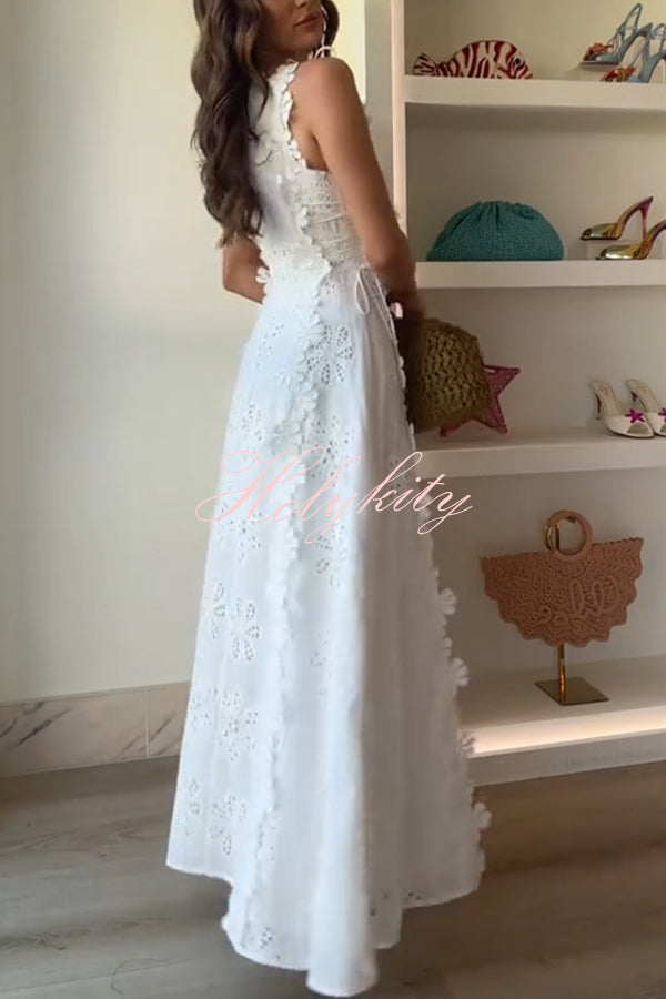 Mairi Embroidery Hollow Fabric Delicate Flower Trim Side Lace-up Maxi Dress