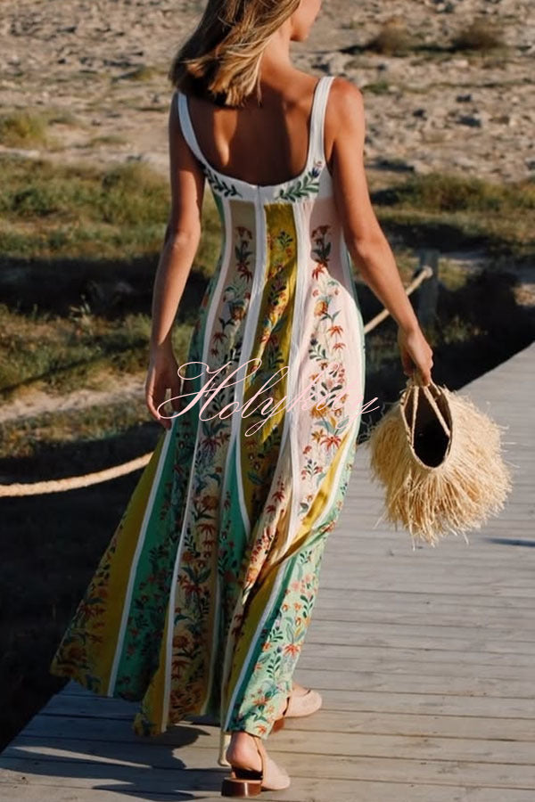 Sweet Garden Linen Blend Color Block Floral Paneled Maxi Dress