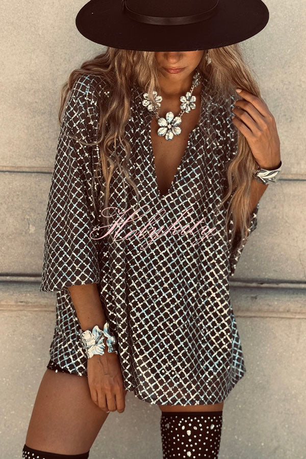 All about Glam Collar Sequin V-neck Half Sleeve Loose Top