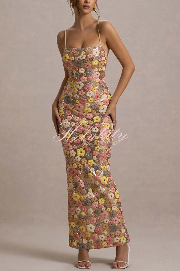 80's Inspired Floral Print Sequin Square Neck Slip Stretch Maxi Dress