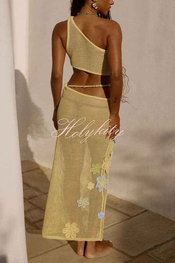 Susanna Knit Crochet Handmade Flower One Shoulder Stretch Crop Tank