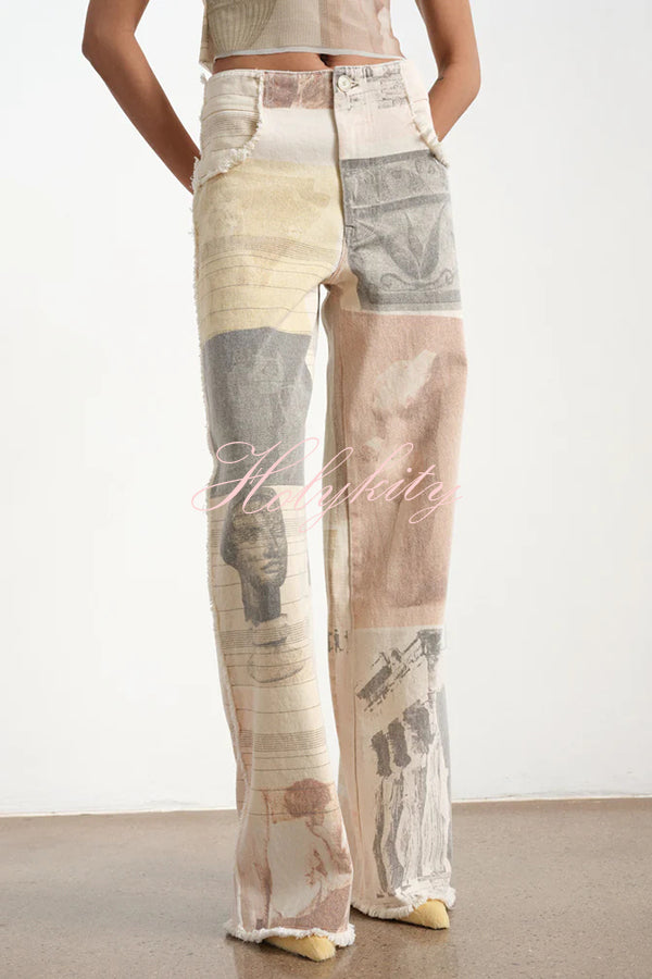 Historic Imagery Unique Print High Rise Pocketed Wide Leg Jeans