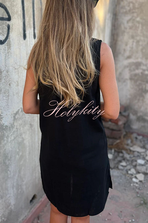 Solid Color Sleeveless V-neck Casual Pocket Mini Dress