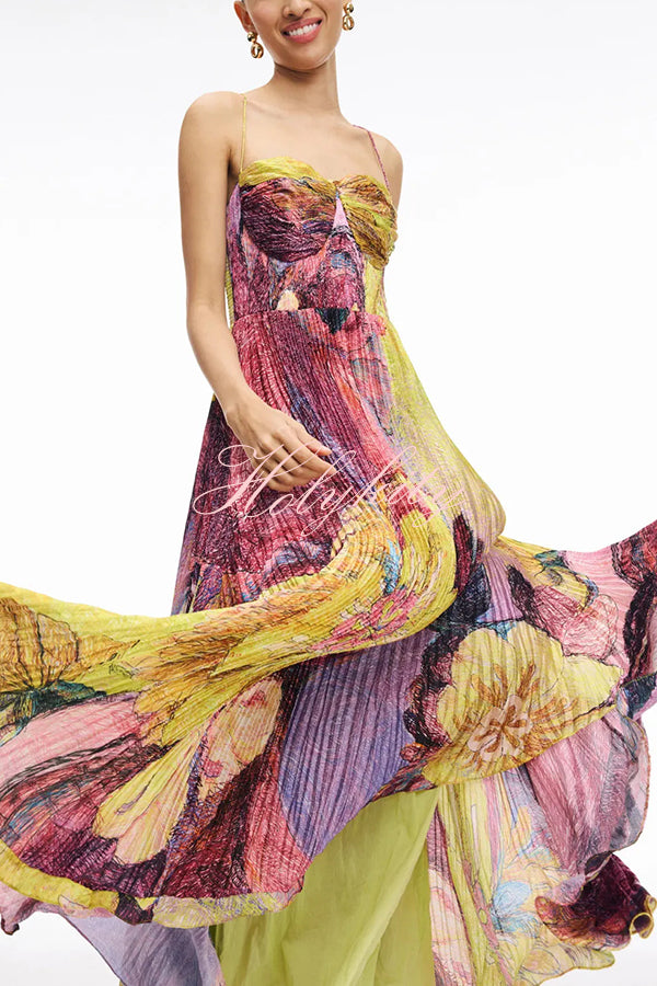 Vibrant and Bold Floral Print Sweetheart Neck Pleated Maxi Dress