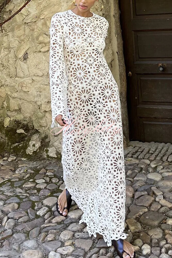 Easy Resort Knit Crochet Cutout Long Sleeve Reversible Vacation Maxi Dress