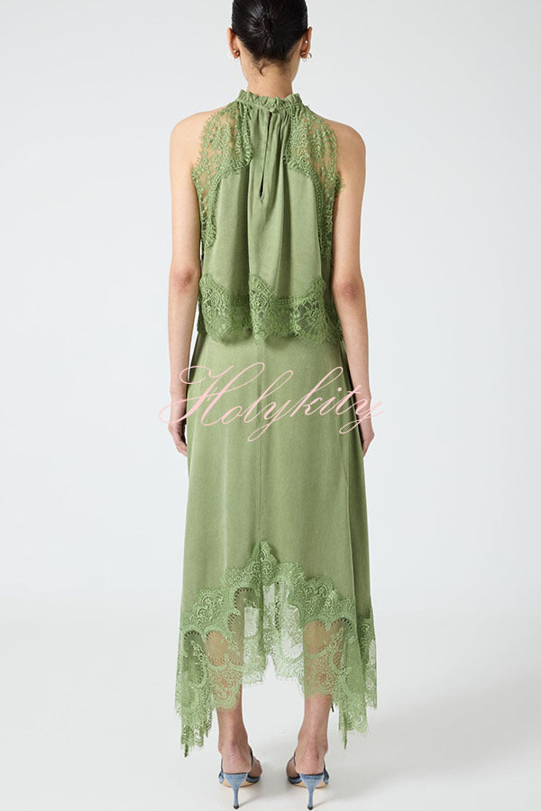 Modern Muse Satin Lace Trim Pleated Neck Top and A-line Irregular Slit Skirt Set