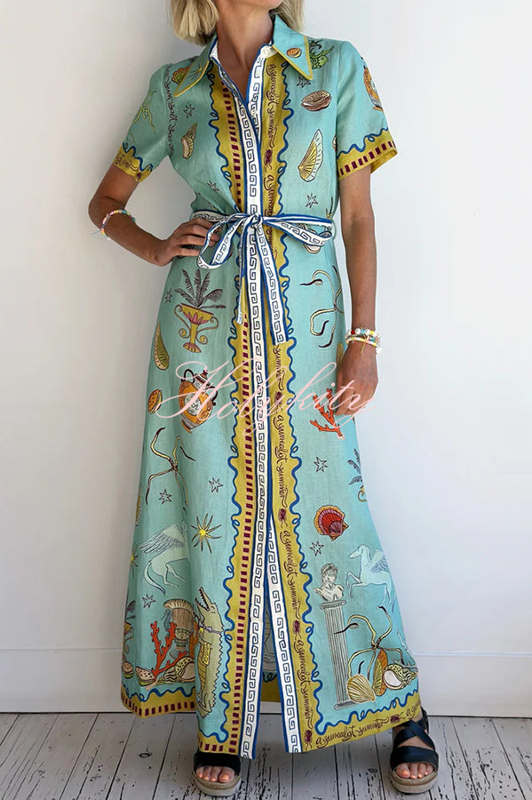 Deep Sea Dreaming Linen Blend Unique Print Short Sleeve Tie-up Shirt Maxi Dress
