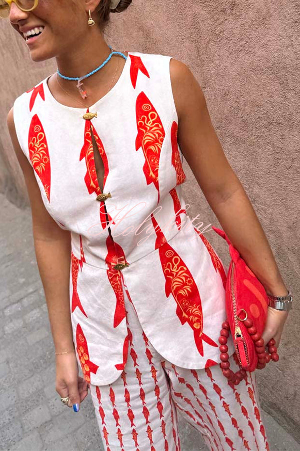 Good Luck Linen Blend Koi Pattern Metal Buttons Waisted Vest