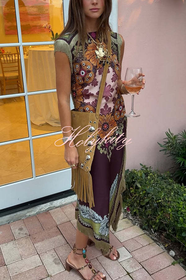 Bohemian Style Floral Print Tassel Trim Irregular Hem Slit Scarf Midi Dress