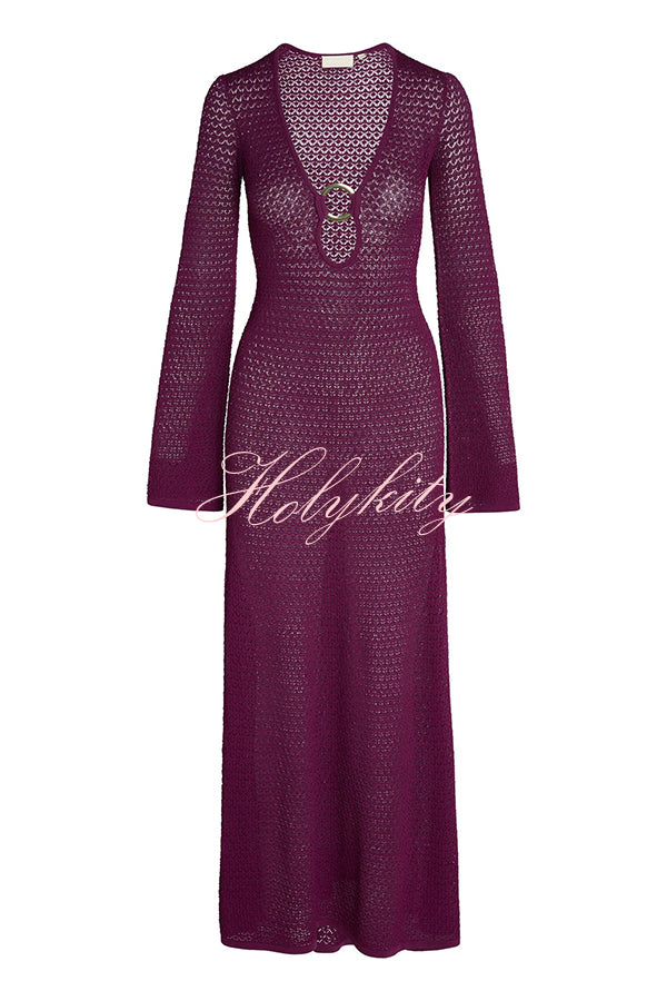 Seaside Goddess Crochet Knit Hollow Out Golden Ring Long Sleeve Cover-up Maxi Dress