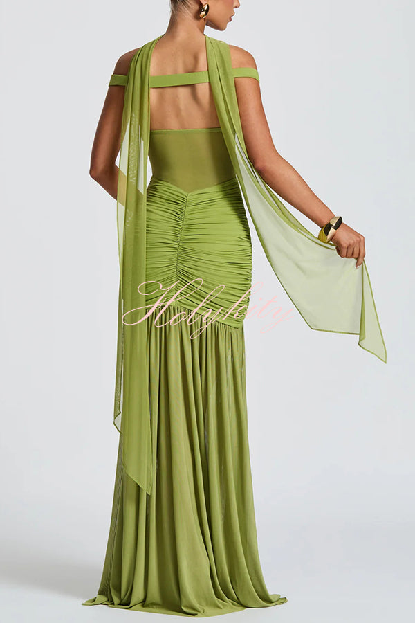 Raise The Level Mesh Off Shoulder Ruched Scarf Stretch Maxi Dress