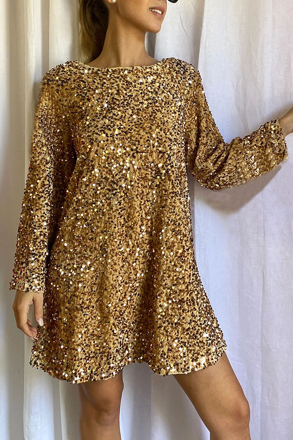 Dance All Night Sequin Back Tie Up Bow Loose Mini Dress