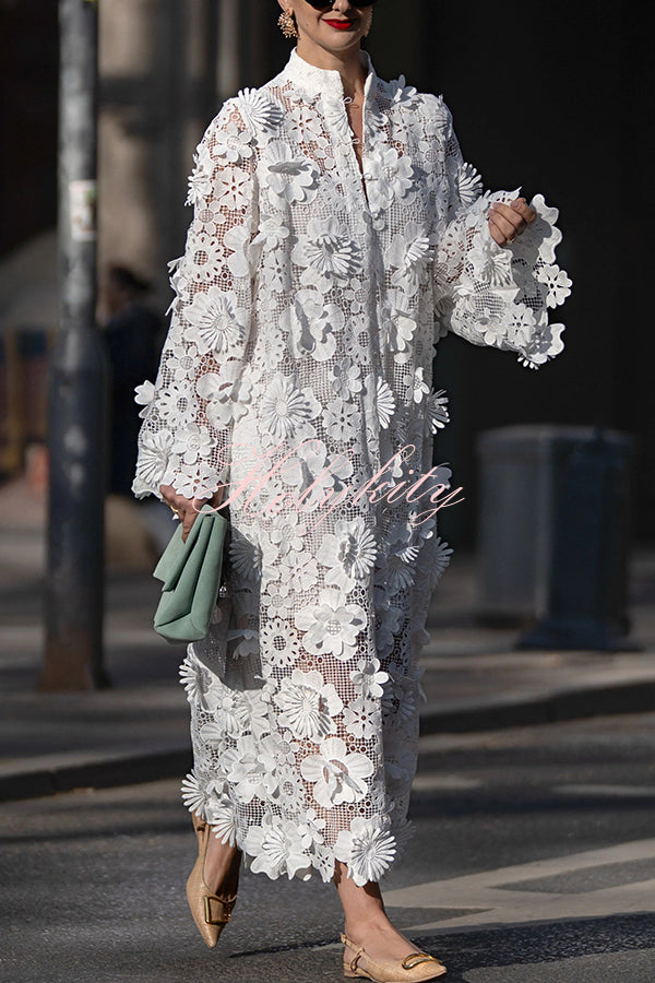 Solid Color Hollow Embroidery Loose Long Sleeve Midi Dress