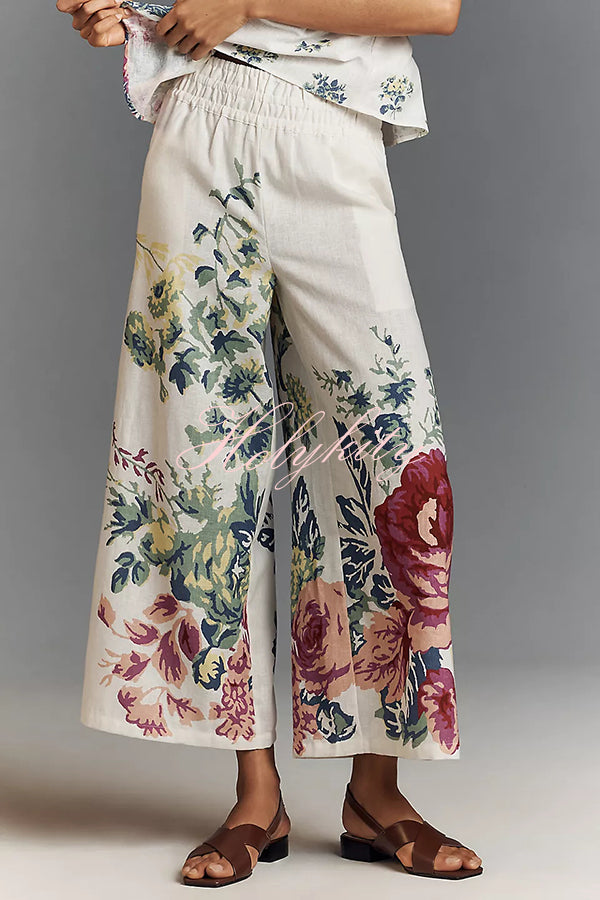 In To The Summer Linen Blend Floral Print Elastic Bandeau and Elastic Waist Pocket Loose Pants Set