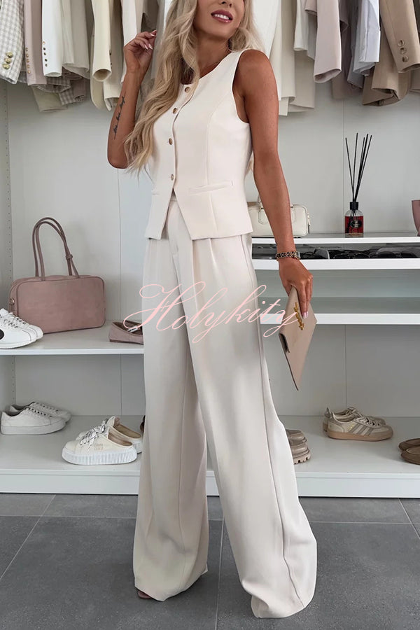 Workplace Chic Sleeveless Button Vest and Relaxed Pocket Wide Leg Pants Set